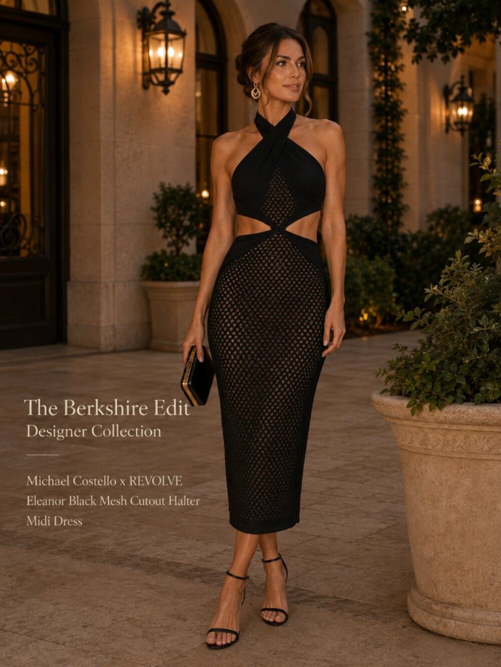 Michael Costello x REVOLVE Eleanor Black Mesh Cutout Halter Midi Dress M